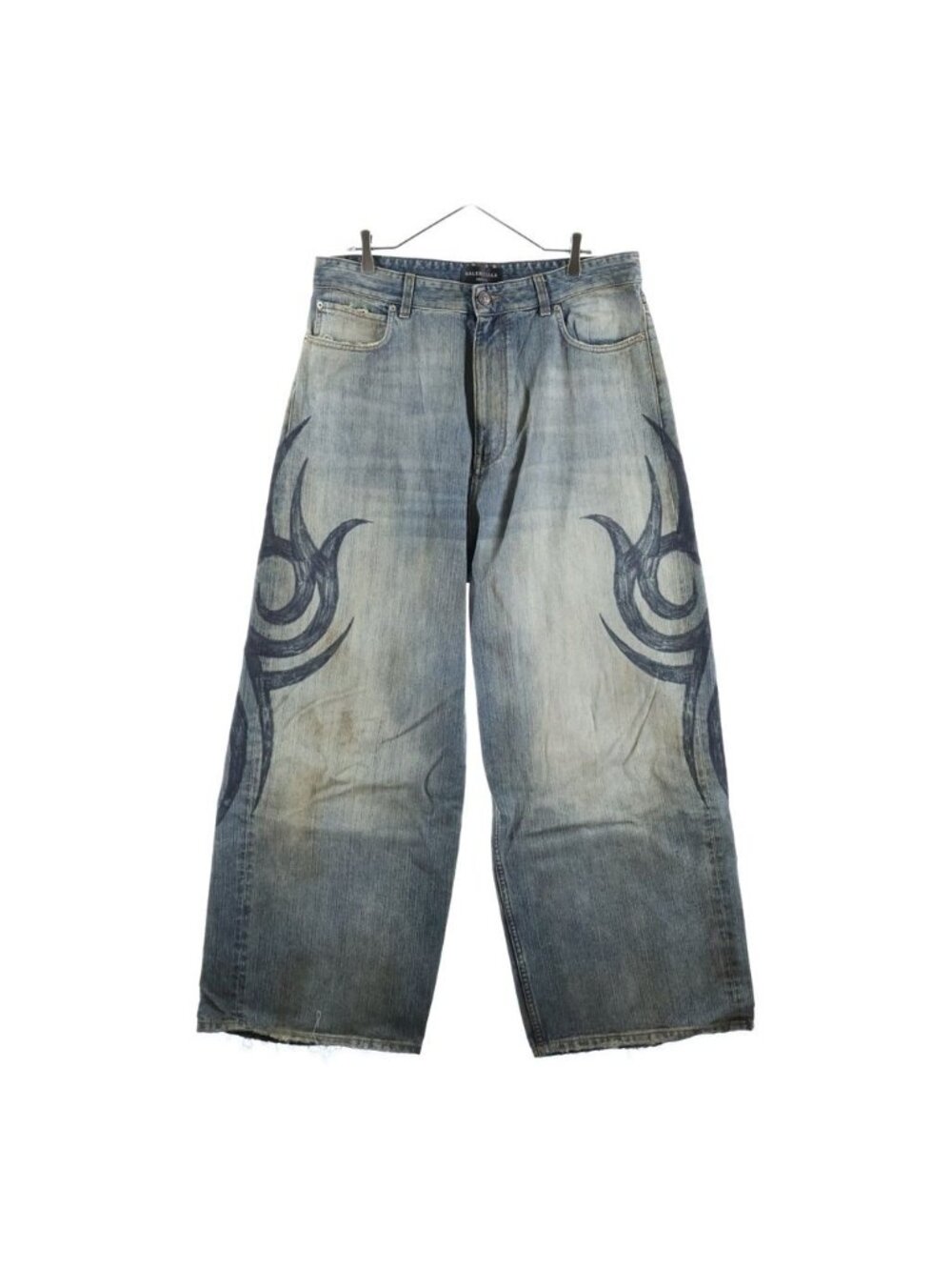 Balenciaga 24 AW Stretched Knee Baggy Jeans Tribal Print Wide Denim Pants Indigo